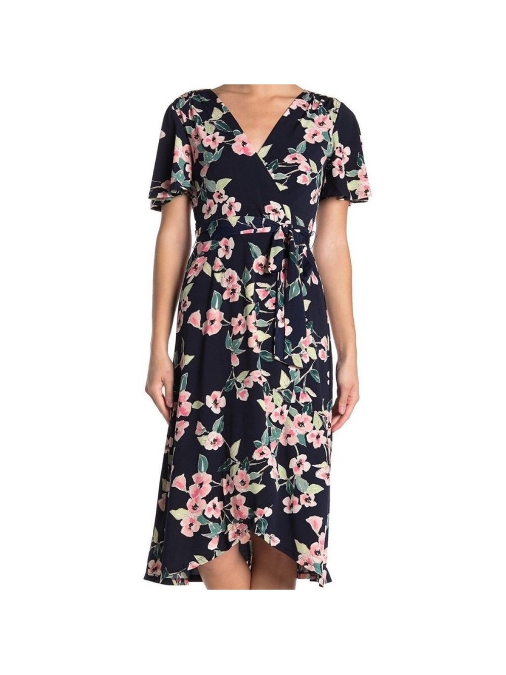 Eliza J navy floral printed faux wrap midi dress